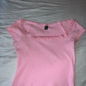 SHEIN Pink Ribbed Top with Lace Detail